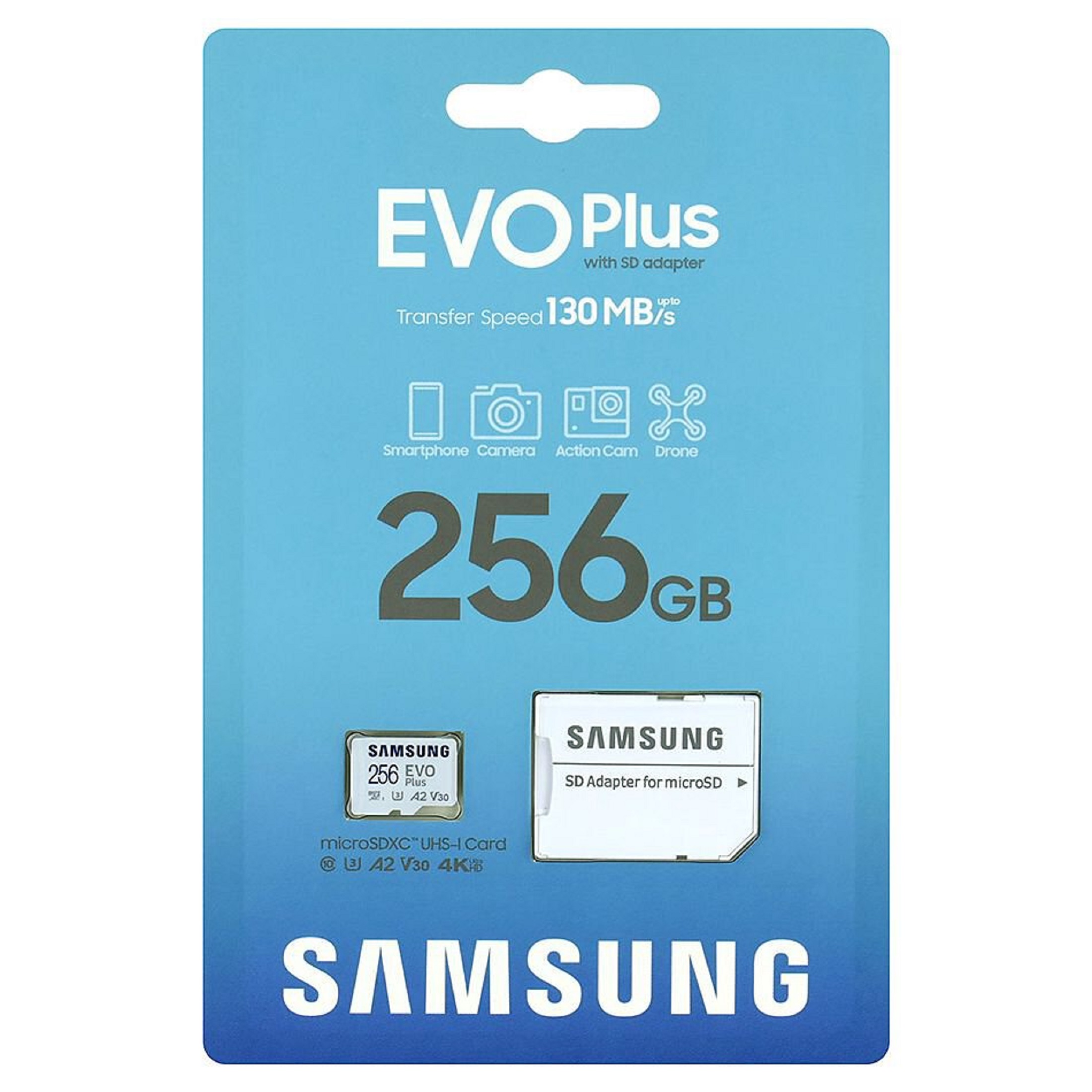 کارت حافظه microSDXC سامسونگ مدل Evo Plus A2 V10 کلاس 10 استاندارد UHS-I U3 سرعت 130MBps به همراه آداپتور SD ظرفیت 256 گیگابایت