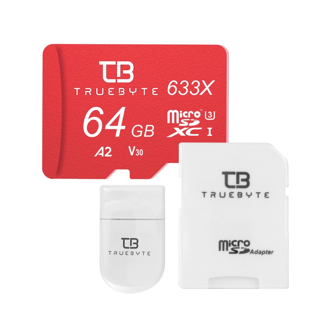 کارت حافظه microSDXC تروبایت مدل 633X-A2-V30 کلاس 10 استاندارد UHS-I U3 سرعت 95MBps ظرفیت 64 گیگابایت به همراه کارت‌خوان