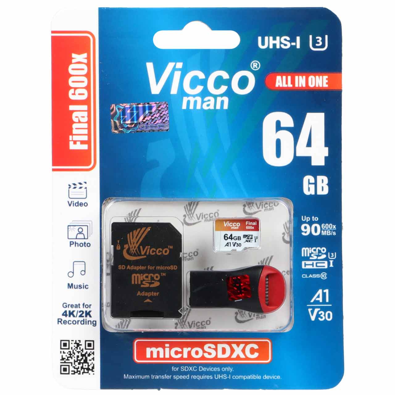 کارت حافظه microSDXC ویکو من مدل Final 600X کلاس 10 استاندارد UHS-I U3 سرعت 90MBps ظرفیت 64گیگابایت همراه با کارت خوان