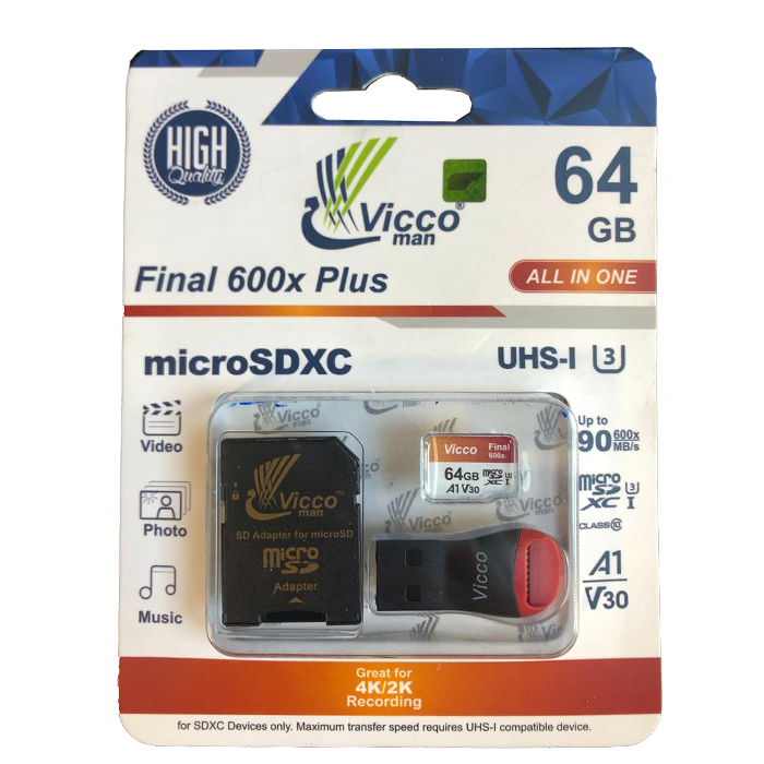 کارت حافظه microSDXC ویکو من مدل Final 600X کلاس 10 استاندارد UHS-I U3 سرعت 90MBps ظرفیت 64گیگابایت همراه با کارت خوان