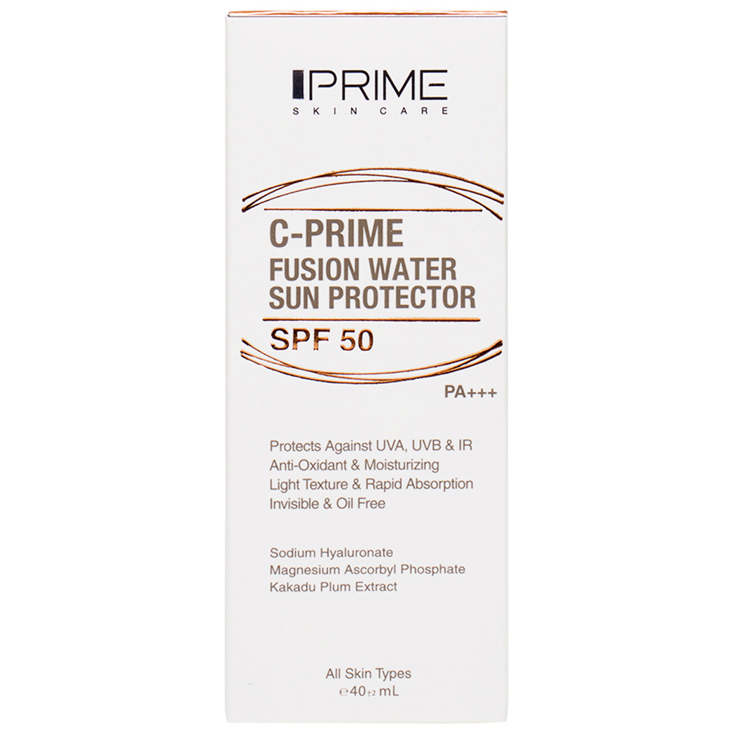 فلوئید ضد آفتاب بدون رنگ پرایم SPF50 مدل C-Prime Fusion Water محافظ UVA ،UVB و +++PA، ضد جوش و آکنه، ضد حساسیت مناسب انواع پوست حجم 40 میلی‌لیتر